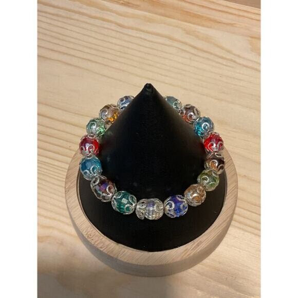 Colorful Handcrafted Glass Bead Bracelet With Intricate Silver Detailing - Picture 3 of 3